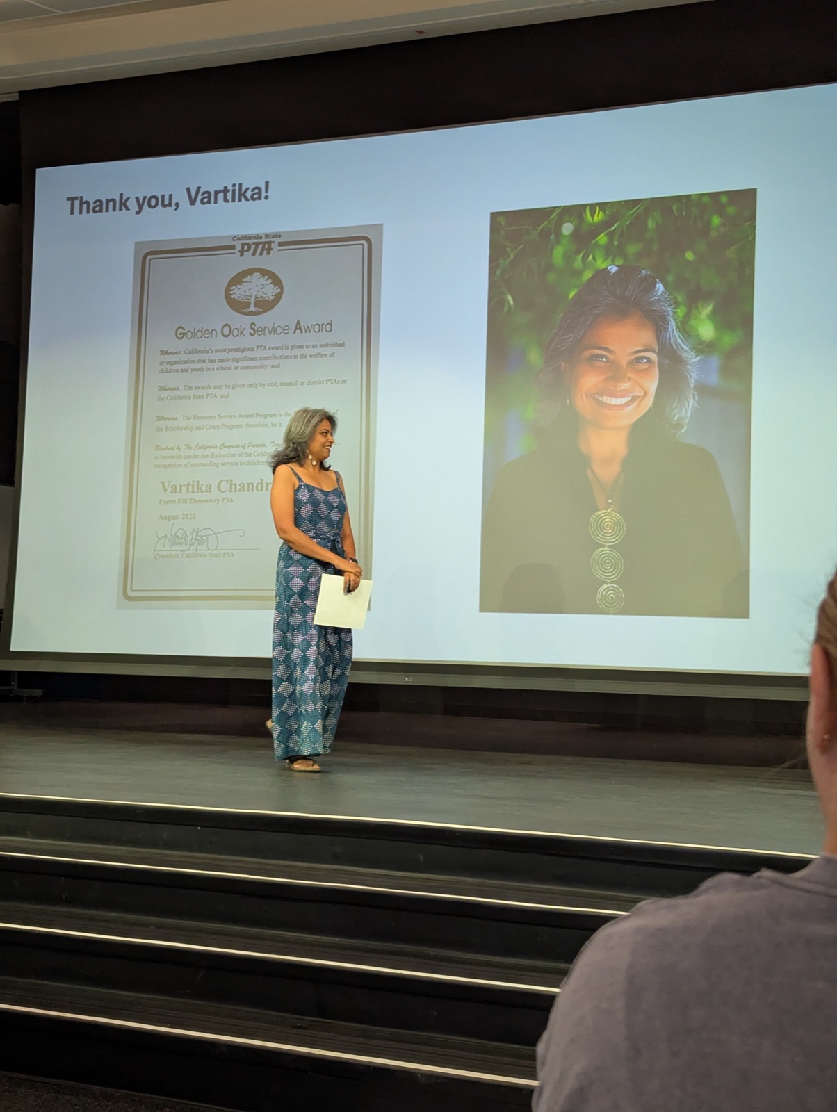 Vartika receiving California PTA's Golden Oak Award