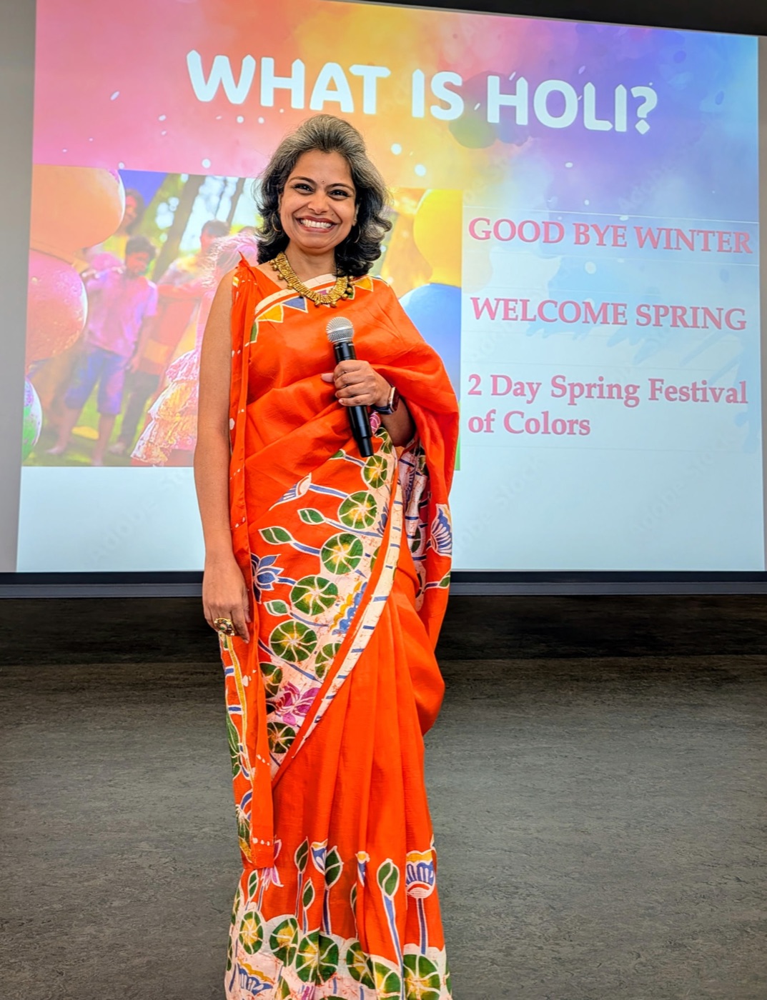 Vartika presenting at Forest Hill Holi celebration